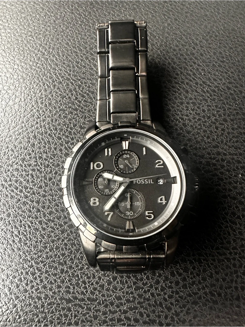 Fossil Black Stainless Steel Chronograph Watch with Silver Caseback